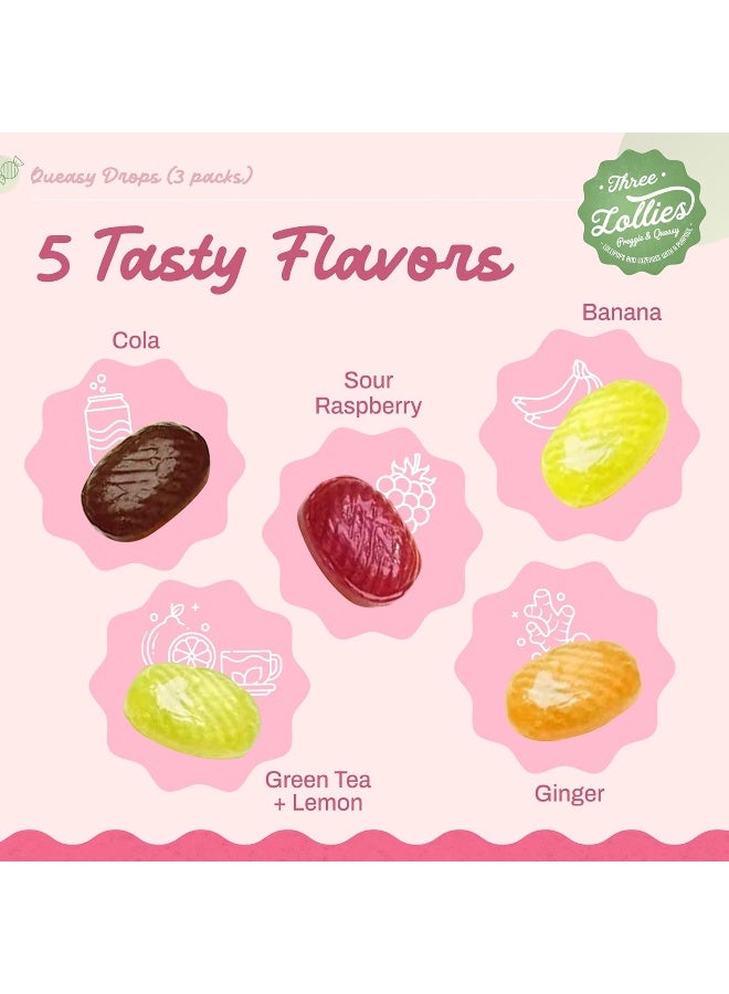 Three Lollies Queasy Drops | 3 Pack: 21 Drops Each | Nausea Relief (Chemo, Motion Sickness, Hangover etc.) | Drug Free & Gluten Free | Five Flavors: Green Tea with Lemon, Ginger, Raspberry, Banana & Cola - Image 3